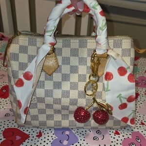 Louis Vuitton Beige and White Checkered Mini Bag with Cherry Charm